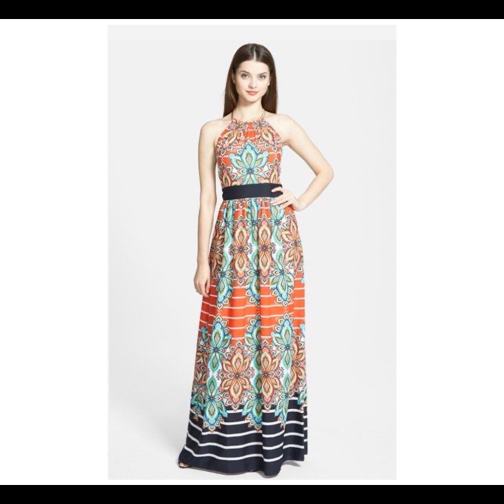 Eliza J Paisley Floral Maxi Dress Halter Necklace.
